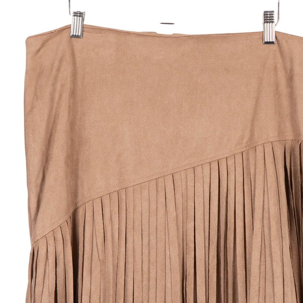 Fringe Vegan Suede Midi Skirt 12 Womens Tan Western Hippie Boho Asymmetrical - Picture 2 of 6